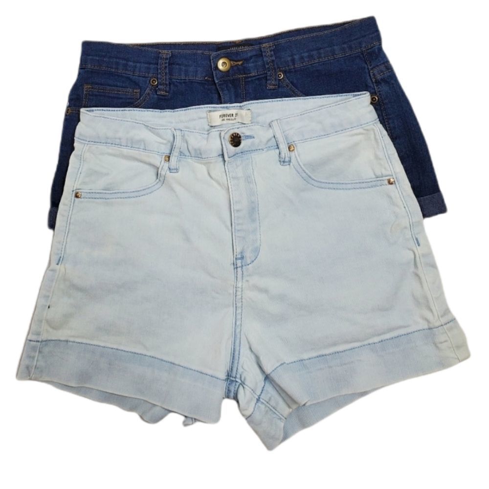TWO pairs of denim blue jean‎ cuffed stretch shorts 27